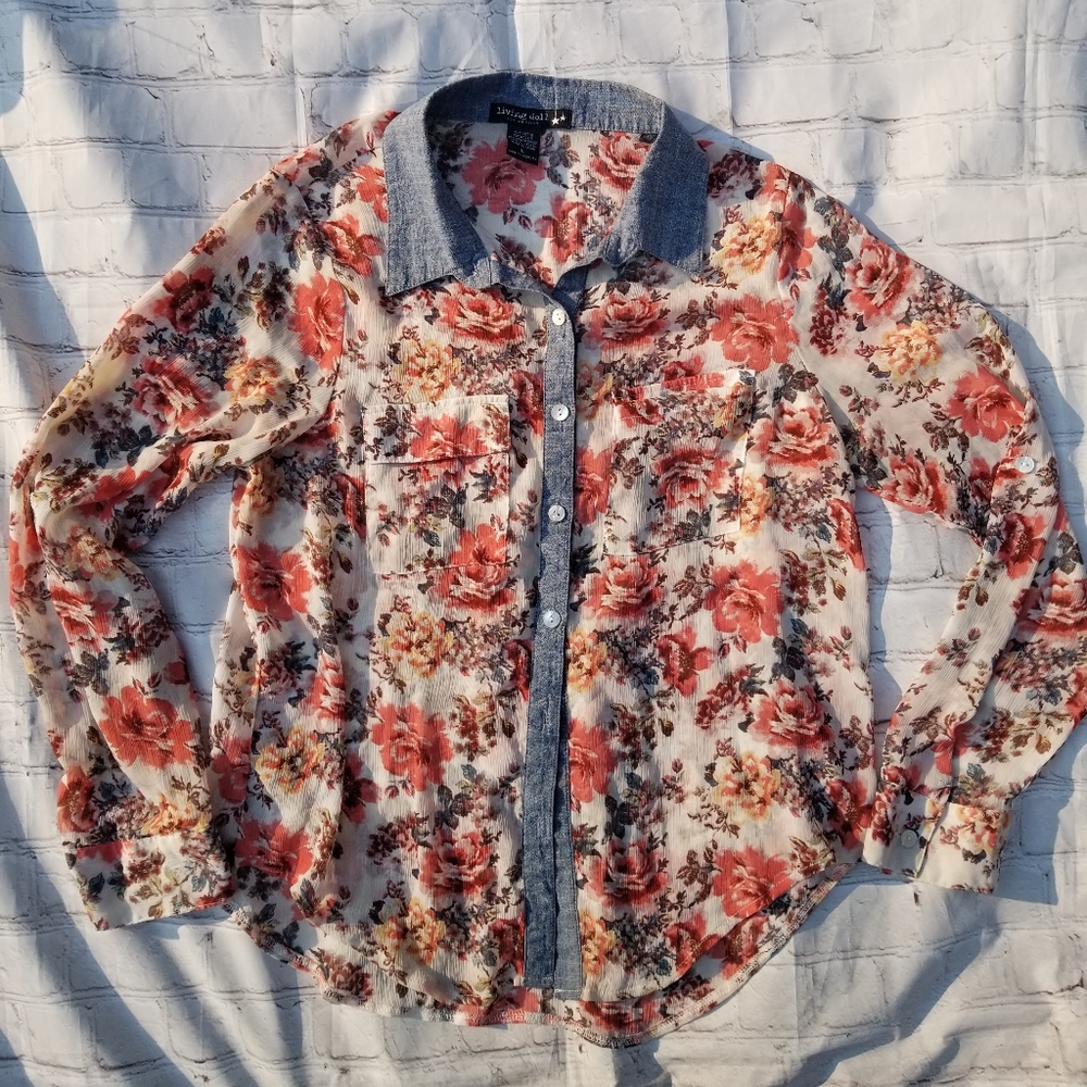 Living Doll L sheer floral chambray trim button up